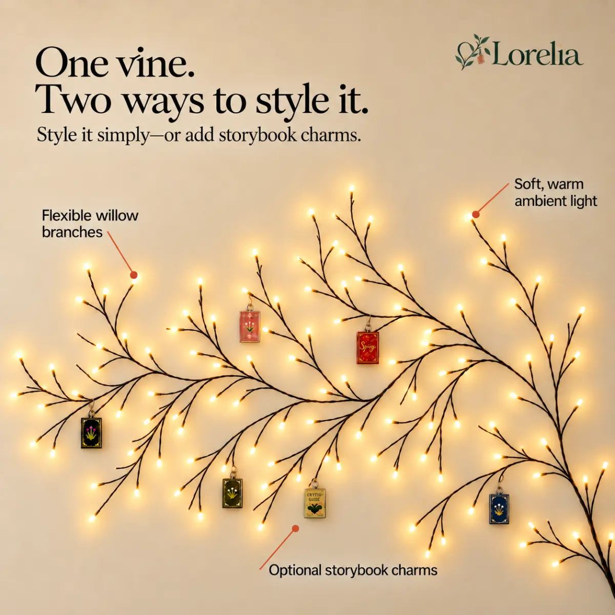 Lorelia vine light styled above a bed without charms